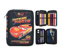 Disney Cars Lightning McQueen Double Compartment Pencil Case Filled with Stationery for Kids | School Supplies Colouring Pencils, Markers | Spacious 2-Zip Design | Durable & Lightweight Gift for Boys
