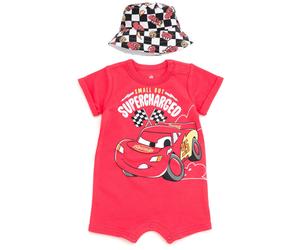 Disney Cars Lightning McQueen Newborn Baby Boys Romper and Bucket Sun Hat Lightning Mcqueen Cherry Red 3-6 Months