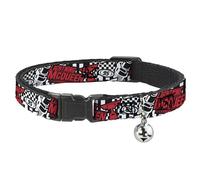 Disney Cat Collar, Breakaway Collar with Bell, Cars Lightning McQueen Racing Collage White Black Red, 8.5 to 12 Inches 0.5 Inch Wide