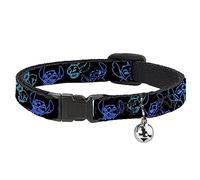Disney Cat Collar, Breakaway Collar with Bell, Electric Stitch Poses Black Neon Blue, 8.5 to 12 Inches 0.5 Inch Wide