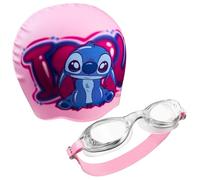 Disney Children's Swimming Goggles and Swimming Cap Set Anti-Fog UV Protection (Pink Stitch, 6-14 Years)