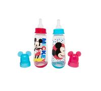 Disney Cudlie Mickey Mouse Baby Boy 2 Pack of 9 Oz Bottles with Removeable Character Molded Lid in Baby Mickey Star Print in Red & Blue