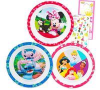Disney Dinnerware Set for Girls - 3 Pc Kitchen Accessories Bundle with Stitch, Princess, Minnie Mouse Plates Plus Stickers, More | Disney Plates for G