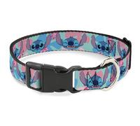 Disney Dog Collar with Plastic Buckle, Quick Release, Easy Adjustable, Lilo and Stitch Stitch Expressions and Flowers Blues Pinks, 9.5 to 14.5 Inches 0.5 Inch Wide