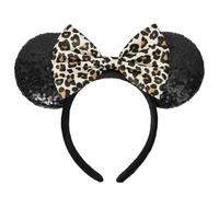 Disney Ears Headband, Minnie Mouse Ears with Leopard Print Bow, Glitter Party Hair Accessory for Women and Kids, One Size Fits Most
