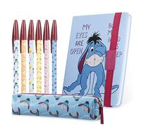 Disney Eeyore Pencil Case & Stationary Set, Winnie The Pooh A5 Notebook, 6 Ball Point Black Ink Pens & Durable Pen Case, School, Work & Office Supplies for Fans (Blue Eeyore)