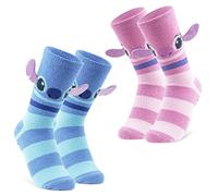 Disney Fluffy Socks Women, Stitch Multipack Slipper Socks, Stitch Gifts (Pink/Blue Stripes)