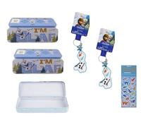 Disney Frozen Bundle includes 2 Olaf Pencil Tins, 2 Keychains, 1 Dinosaur Sticker Sheet