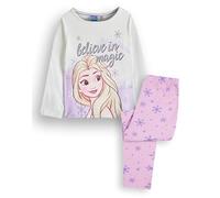 Disney Frozen Elsa Girls Pyjama Set | Kids Princess White Long Sleeve Top & Pink Long Leg Graphic PJs | Believe in Magic Glitter Print Snowflake & Stars | Movie Film Merchandise Gift