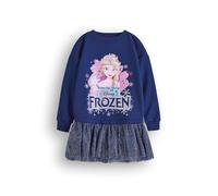 Disney Frozen Girls Sweater Dress | Kids Princess Elsa Sweatshirt with Sparkly Tulle Skirt in Navy | Glitter Graphic Jumper All in One Complete Outfit | Film Movie Merchandise Apparel Gift Children