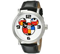 Disney Full Color Mickey Mouse Head Silhouette Watch for Men - Iconic Mickey Mouse Watches for Men - Stylish Watch - Classic Watches with Silver Dial & Black Leather Bracelet