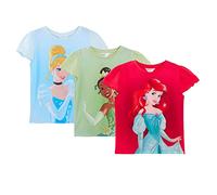 Disney Girls 3 Pack Princess T-Shirts Kids Jasmine Moana Rapunzel Dress Up Top Short Sleeve Tees