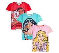 Disney Girls 3 Pack Princess T-Shirts Kids Jasmine Moana Rapunzel Dress Up Top Short Sleeve Tees