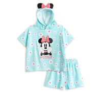 Disney Minnie Mouse Blue Flower Print 2 Piece Towelling Co-ord | Girls Hooded Outfit with 3D Ears & Bow | Beachwear, Poolside, Summerwear & Casualwear Set - 6-7 Years
