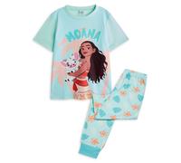 Disney Moana Girls Pyjama Set | Kids Moana & Pua Character Graphic Short Sleeve Top & Long Leg PJ Bottoms in Blue | Childrens Leaf All Over Print Nightwear | Animated Cartoon Movie Merchandise Gift