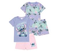 Disney Lilo And Stitch Girls Pyjama Set | 2 Pack Short Sleeve T-Shirt with Shorts PJs For Kids | Multicoloured Just Chill Alien All Over Print Graphic Movie Sleepwear Gift for Children