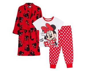 Disney Girls Minnie Mouse Dressing Gown and Pyjamas Set for Kids Matching 3pc Nightwear Bath Robe and Pjs for Girls Bathrobe