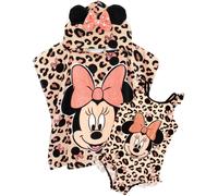Disney Minnie Mouse Girl’s Swimsuit & One Size Hooded Towel Poncho Set | Kids Swimming Costume | Children’s Bath Towel with 3D Ears Gift Pink