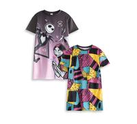 Disney The Nightmare Before Christmas Girls Multi-Pack of 2 Short Sleeve Nightdress | Jack Skellington & Sally Cartoon Print | Retro Sleepwear for Kids Merch - 9-10 Years