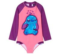 Disney Girls One Piece Swimsuit, Long Sleeve Swimming Costume - Girls Gifts (Pink Stitch, 9-10 Years)
