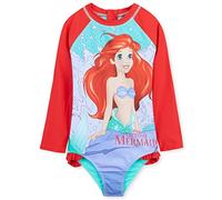 Disney Girls One Piece Swimsuit, Long Sleeve Swimming Costume - Girls Gifts (Red Ariel, 7-8 Years)