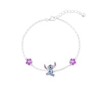Disney Girls Sterling Silver Blue Stitch and Flower Adjustable Charm Chain Bracelet B902414SL-65.PH