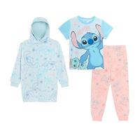 Disney Girls Stitch 3 Piece Pyjamas + Oversized Hoodie Set Kids Fleece Wearable Blanket Hoody with Matching Pjs