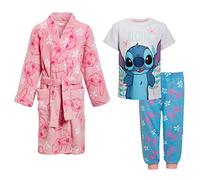 Disney Girls Stitch Dressing Gown + Pyjamas Set Matching 3 Piece Set Kids Pink Bathrobe + Pjs