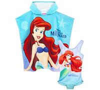 Disney Girls Swimsuit The Little Mermaid & Hooded Towel Poncho | Kids Ariel, Sebastian & Flounder Towelling Robe | Childrens Swimming Costume