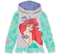 Disney Girls' Toddler Princess Ariel Moana Belle Cinderella Big Face Zip Up Hoodie with Ruffle Hem, Princess Ariel (Grey/Green), 4 Years