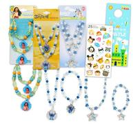 Disney Jewelry Set for Girls - Dress Up Accessories Bundle with Charm Pendant Necklaces and Bracelets Featuring Stitch, Moana, Bluey Plus Stickers | Disney Necklace and Bracelet Set for Kids