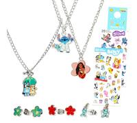 Disney Jewelry Set for Girls - Dress Up Accessories Bundle with Necklace and Earrings Featuring Moana, Stitch, Bluey Plus Stickers, More | Disney Jewelry for Kids, Girls