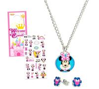 Disney Jewelry Set for Girls - Dress Up Accessories Bundle with Necklace and Earrings Plus Stickers, More | Character Jewelry for Kids (Minnie Mouse)