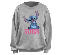 Disney Women's Junior's Sitting Classic Stitch Name Oversized Fleece, Heather Grey, Small, S