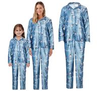 Disney Ladies Eeyore Pajama Set - Button Down Long Sleeve Top & Straight Leg Bottoms - 100% Satin Feel - Sizes 12-14 Blue