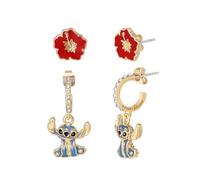 Disney Lilo and Stitch Brass Earrings with Hibiscus Flowers, Enamel and Stitch, Officially Licensed Product