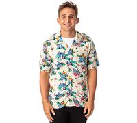Disney Lilo and Stitch Men's Stitch Tropical Hawaiian Button Up Shirt, Khaki, Large