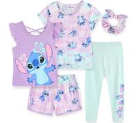 Disney Lilo & Stitch Girls 5 Piece Mix and Match Outfit Set with 2 Tops, Leggings, Shorts and Scrunchie for Big Kids, Purple/Aquamarine, 6