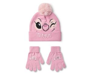 Disney Lilo & Stitch Girls Beanie Hat & Gloves Set | Pink Knitted Winter Hat with Angel Character Face | Kids One Size Pom Pom Beanie with Heat Transfer Print Gloves | Classic Movie Merchandise Gift