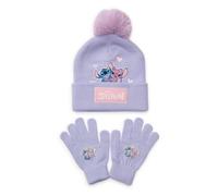 Disney Lilo & Stitch Girls Hat & Gloves Set - Kids Bobble Beanie & Stretch Gloves, Purple Knitted Winter Accessories, Official Merchandise, 100% Acrylic