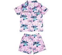Disney Lilo & Stitch Girls Personalised Satin Short Pyjamas Button Collar (UK, Age, 7 Years, 8 Years, Regular, Personalised - Lilo & Stitch Button)