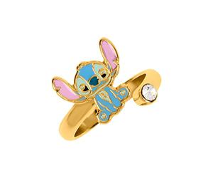 Disney Lilo & Stitch Gold-Plated Bypass Ring, Adjustable Spiral Design with Stitch Character and Clear Stone, Brass Jewellery, Official Disney Gift