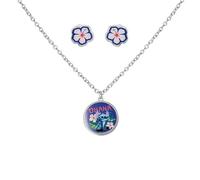 Disney Lilo & Stitch Officially Licensed Flower Necklace and Stud Earrings Jewellery Set 16"+3.2" with Brass Chain Costume