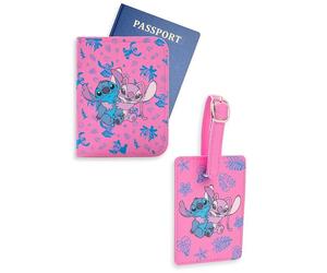 Disney Lilo & Stitch Stitch & Angel Pink Passport Holder & Luggage Tag Set | Travel Document Organiser with Leaf Pattern | Retro Cartoon Style Merch