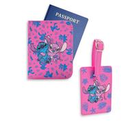 Disney Lilo & Stitch Stitch & Angel Pink Passport Holder & Luggage Tag Set | Travel Document Organiser with Leaf Pattern | Retro Cartoon Style Merch