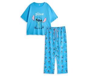 Disney Lilo & Stitch Womens Pyjama Set | Adults Stitch Graphic Short Sleeve Top & Long Leg PJ Bottoms in Blue | Ladies Character All Over Print Nightwear | Animated Cartoon Movie Merchandise Gift