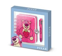 Disney Lotso Huggin Bear Strawberry-Pack of Plush Diary + 6-Coloured Pen, Pink