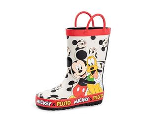Disney Mickey Mouse Boys Wellington Boots | Kids Handle Wellies with Mickey and Pluto Character Print in Beige | Water Resistant Pull On Rubber Boots for Children | Animation Movie Merchandise Gift