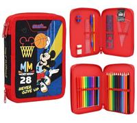 Disney Mickey Mouse Double Compartment Pencil Case Filled with Stationery for Kids | School Supplies Colouring Pencils, Markers | Spacious 2-Zip Design | Durable & Lightweight Gift for Boys