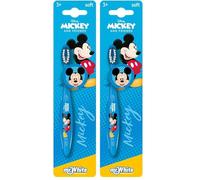 Disney Mickey Mouse Little Teeth Toothbrush for Kids with Soft Rounded Bristles, Comfortable Handle Grip and Protection Cap for Children Ages 3+ (Pack of 2)